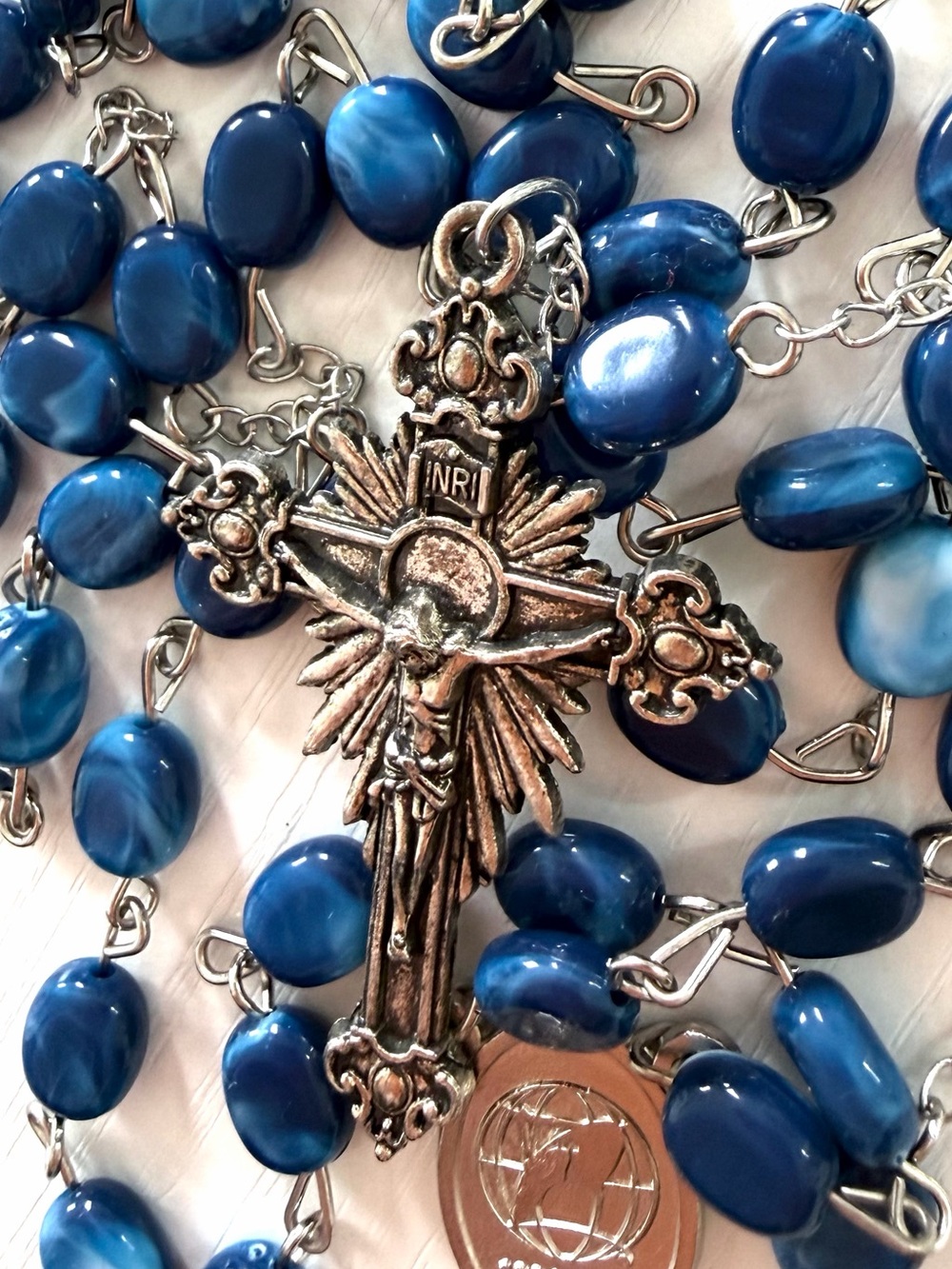 Rosary beads antique Silvertone relief Crucifix - Blue natural look stone 25"